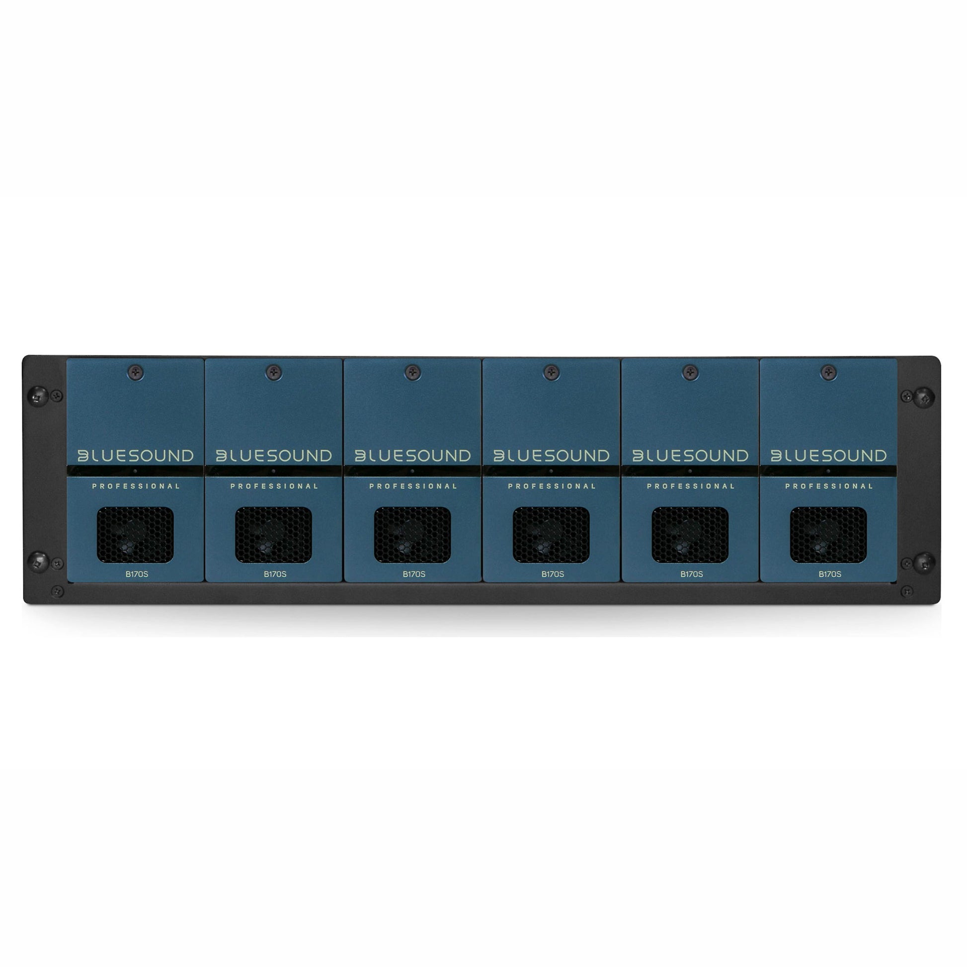6 x Bluesound Professional B170S Streaming Amplifiers on white background shown on rack