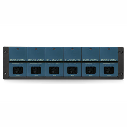 6 x Bluesound Professional B170S Streaming Amplifiers on white background shown on rack