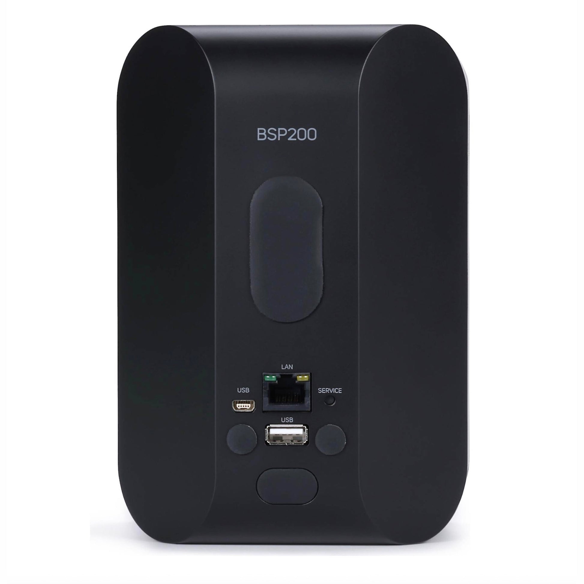 Rear of Bluesound Professional BSP200 in black on white background