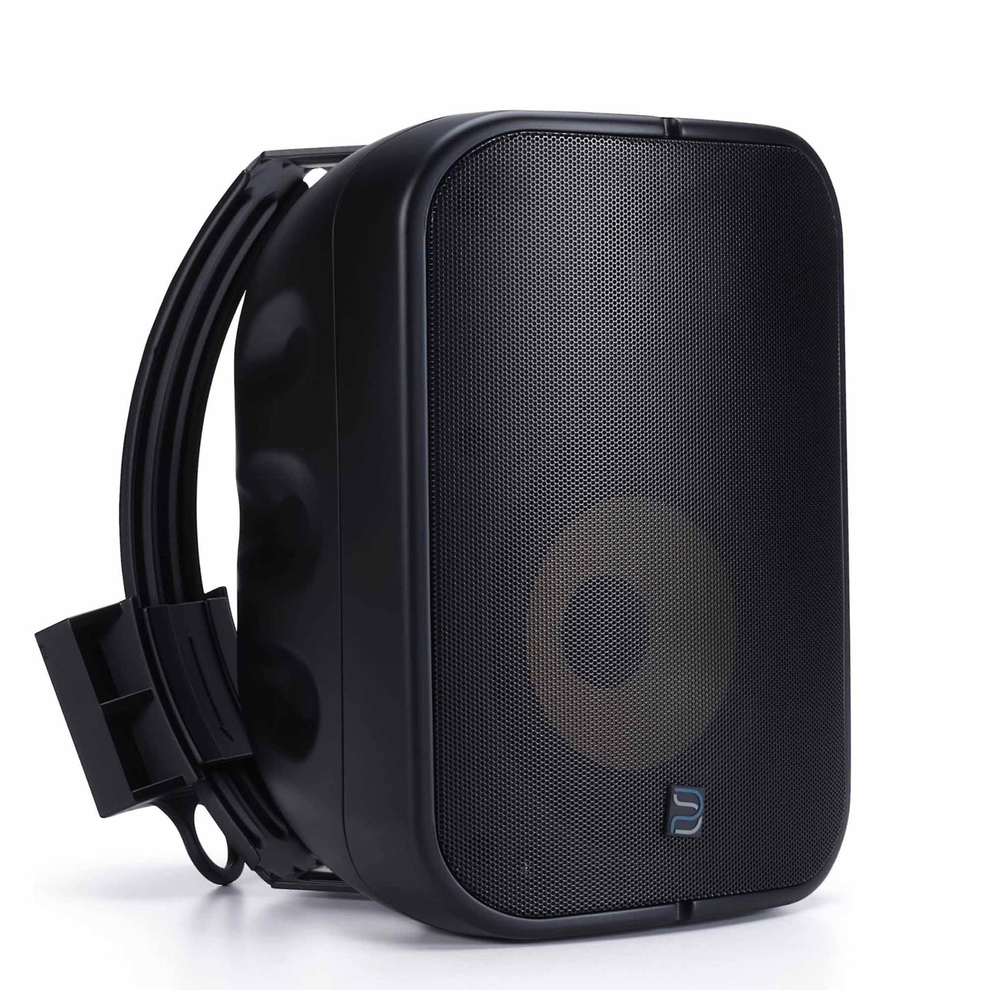 Angle of Black Bluesound Professional BSP500 on white background with grille on
