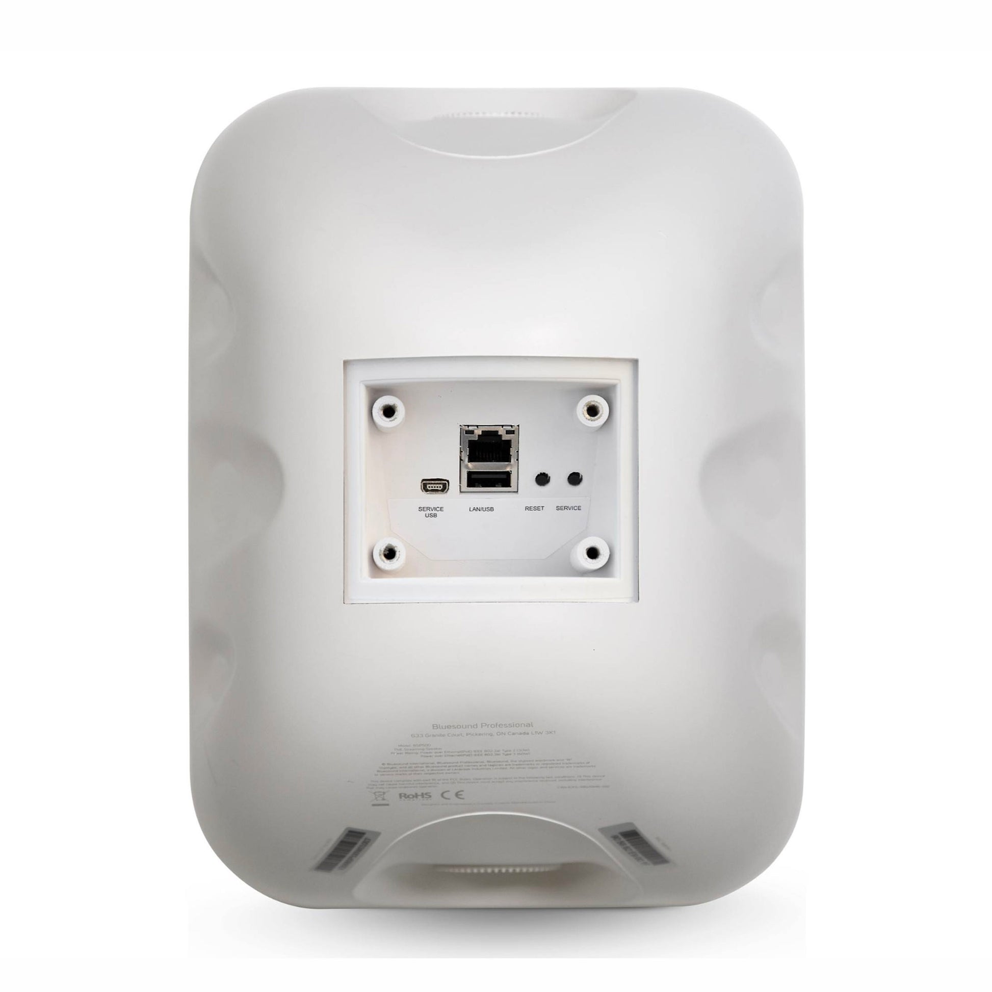 Rear of White Bluesound Professional BSP500 on white background