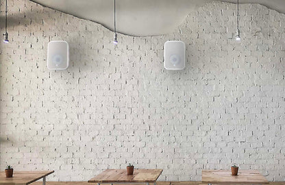 White wall with two ceiling speakers and a small table with a plant.