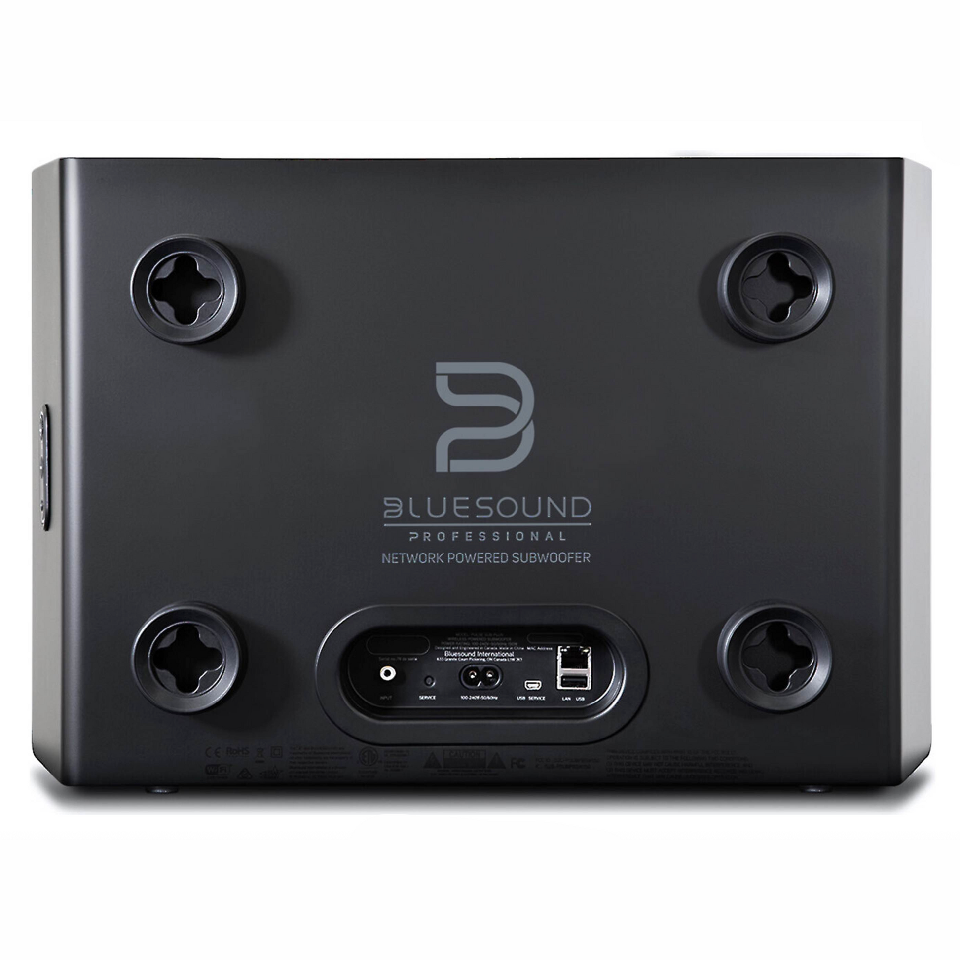 Back of Bluesound Professional BSW150 Network Powered Subwoofer on white background