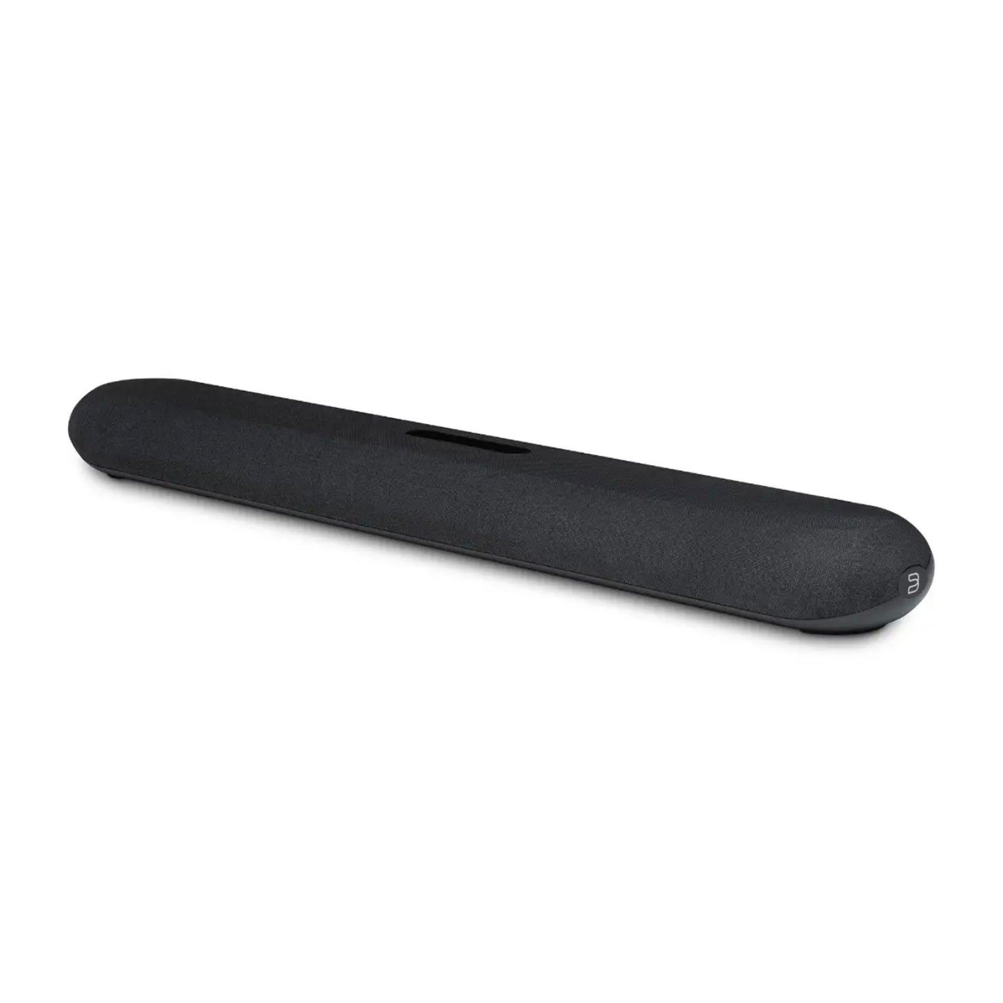 Angle view of Bluesound Pulse Cinema Mini Soundbar in black on white background