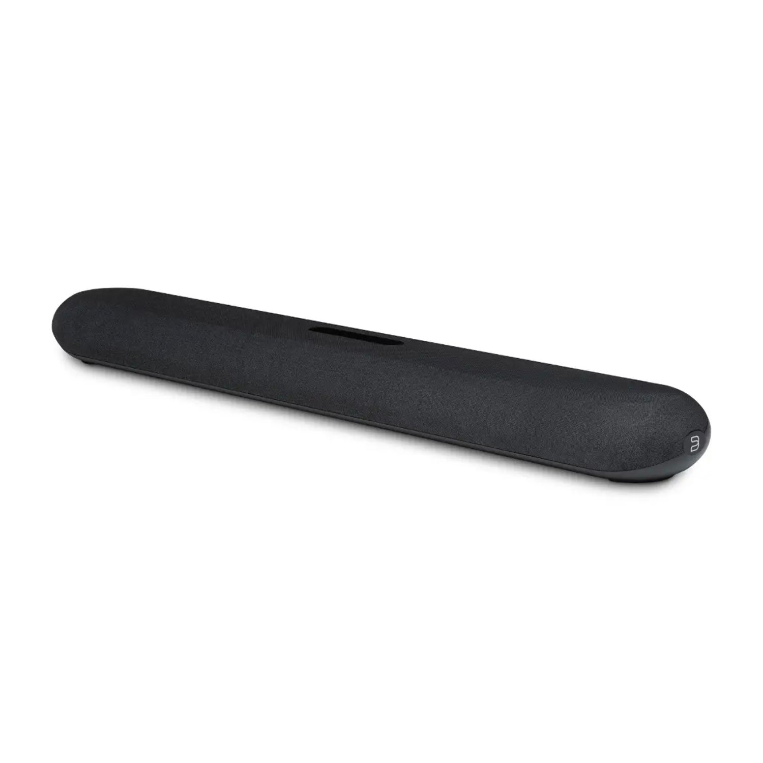 Angle view of Bluesound Pulse Cinema Mini Soundbar in black on white background