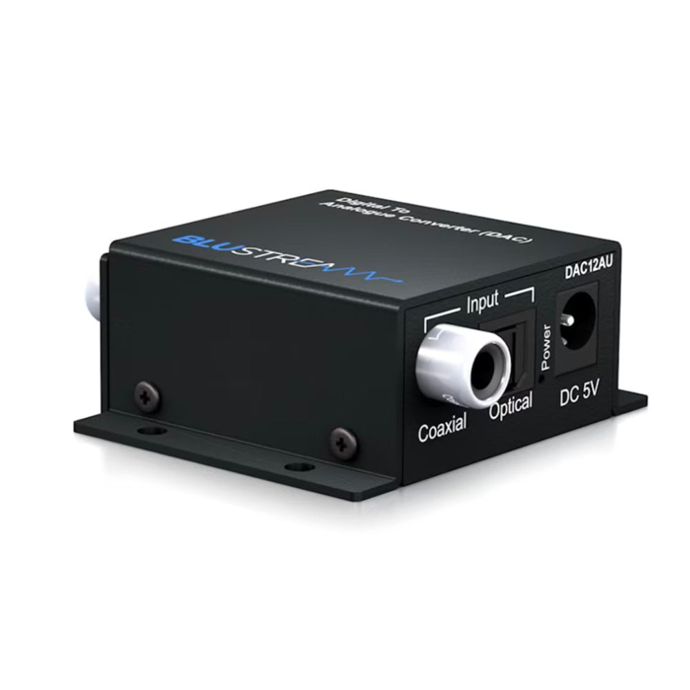 Angle view of Blustream DAC12AU Digital to Analogue Convertor on white background