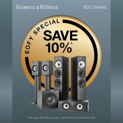 Bowers & Wilkins speaker system with a promotional offer on a gray background