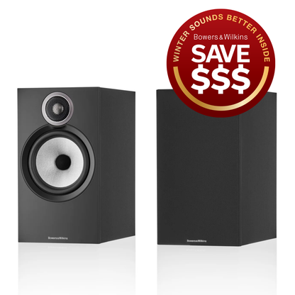 Black Bowers & Wilkins 606 S3 Speakers with promo text in red circle