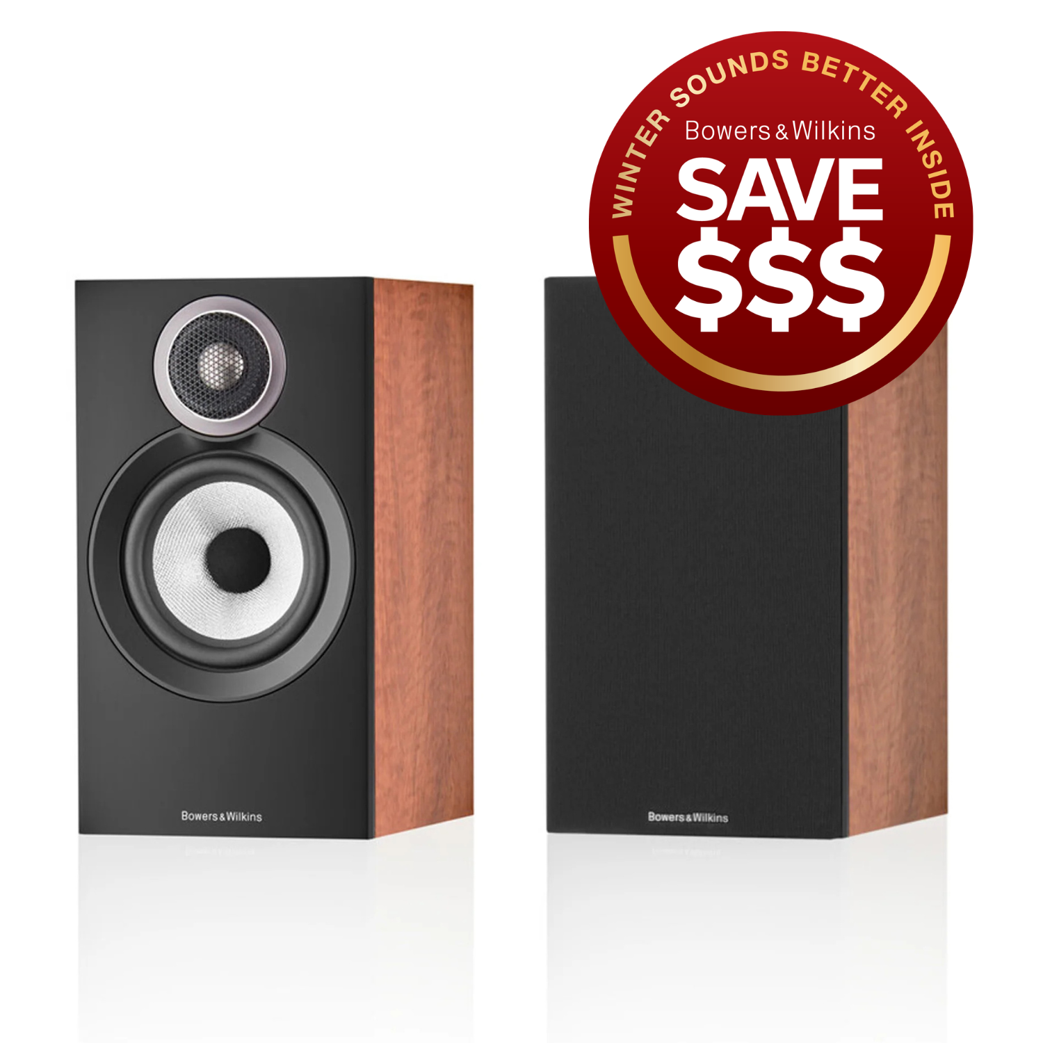 B&W 607 speakers with promo text in red circle