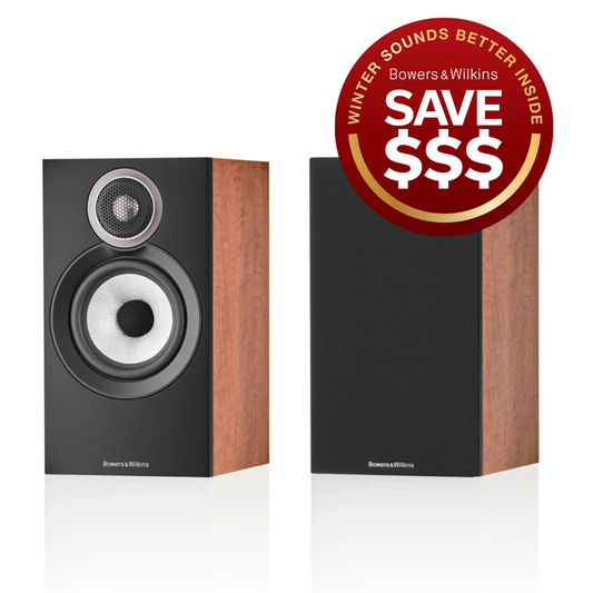 B&W 607 speakers with promo text in red circle