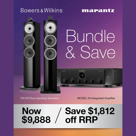 Bowers & Wilkins 703 S3 Marantz Model 50 Bundle on purple background with logos and promo prices
