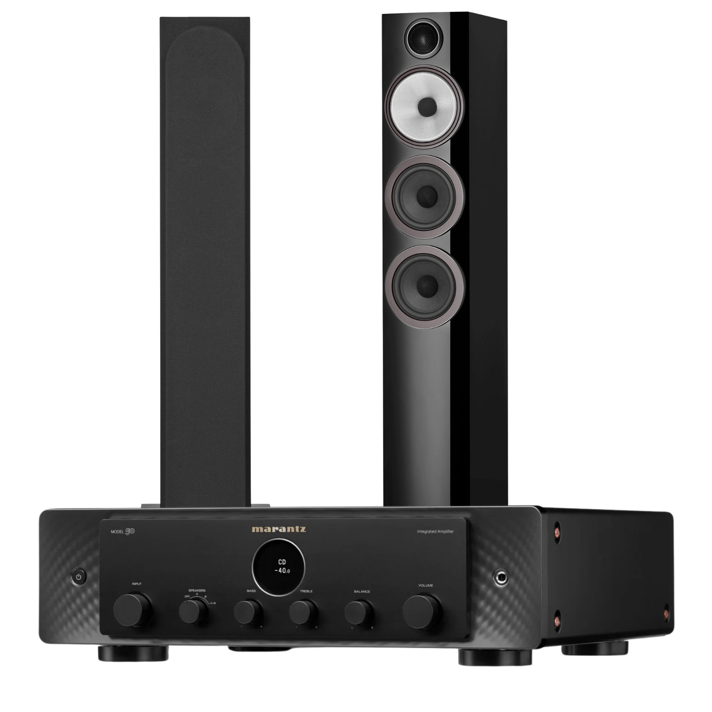 Bowers & Wilkins 704 Speakers in black and a black Marantz Model 50 on a white background