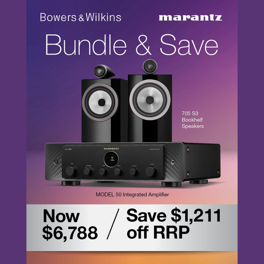 Bowers & Wilkins 705 S3 Marantz Model 50 Bundle on purple background with logos and promo prices