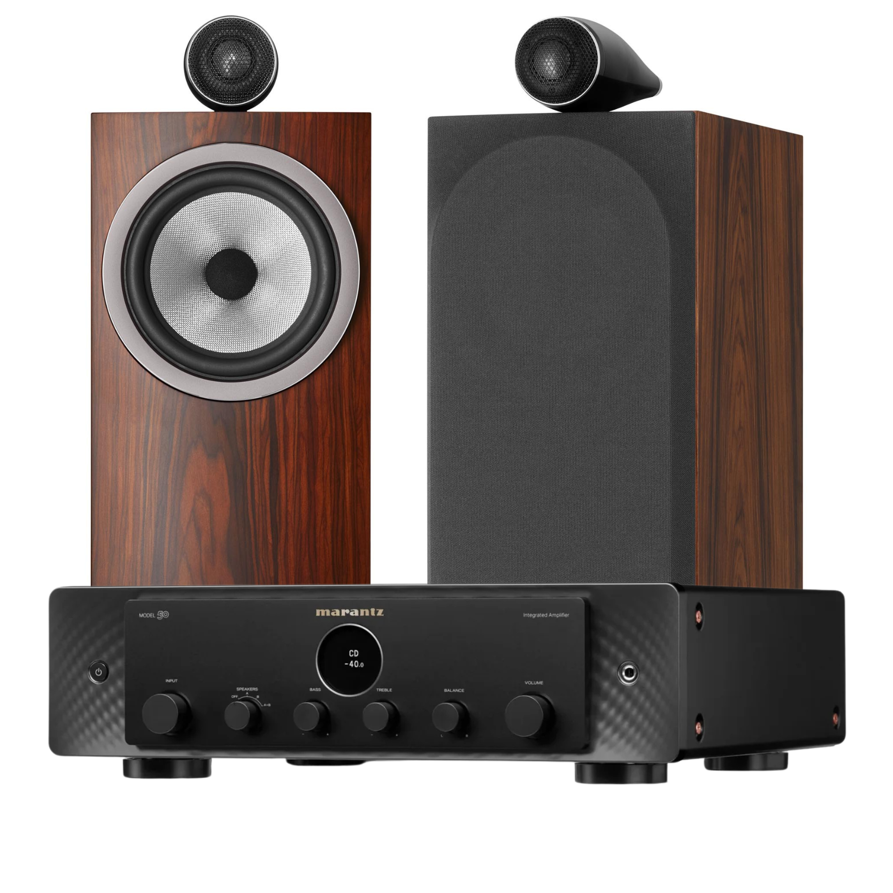 Pair of wooden speakers with a black amplifier on a white background