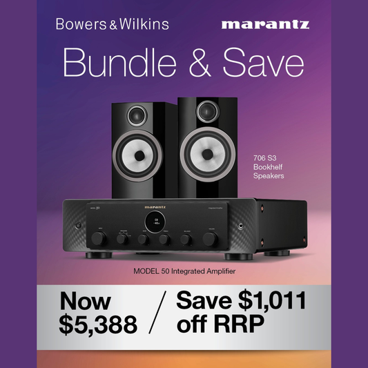 Bowers & Wilkins 706 S3 Marantz Model 50 Bundle on purple background with logos and promo prices