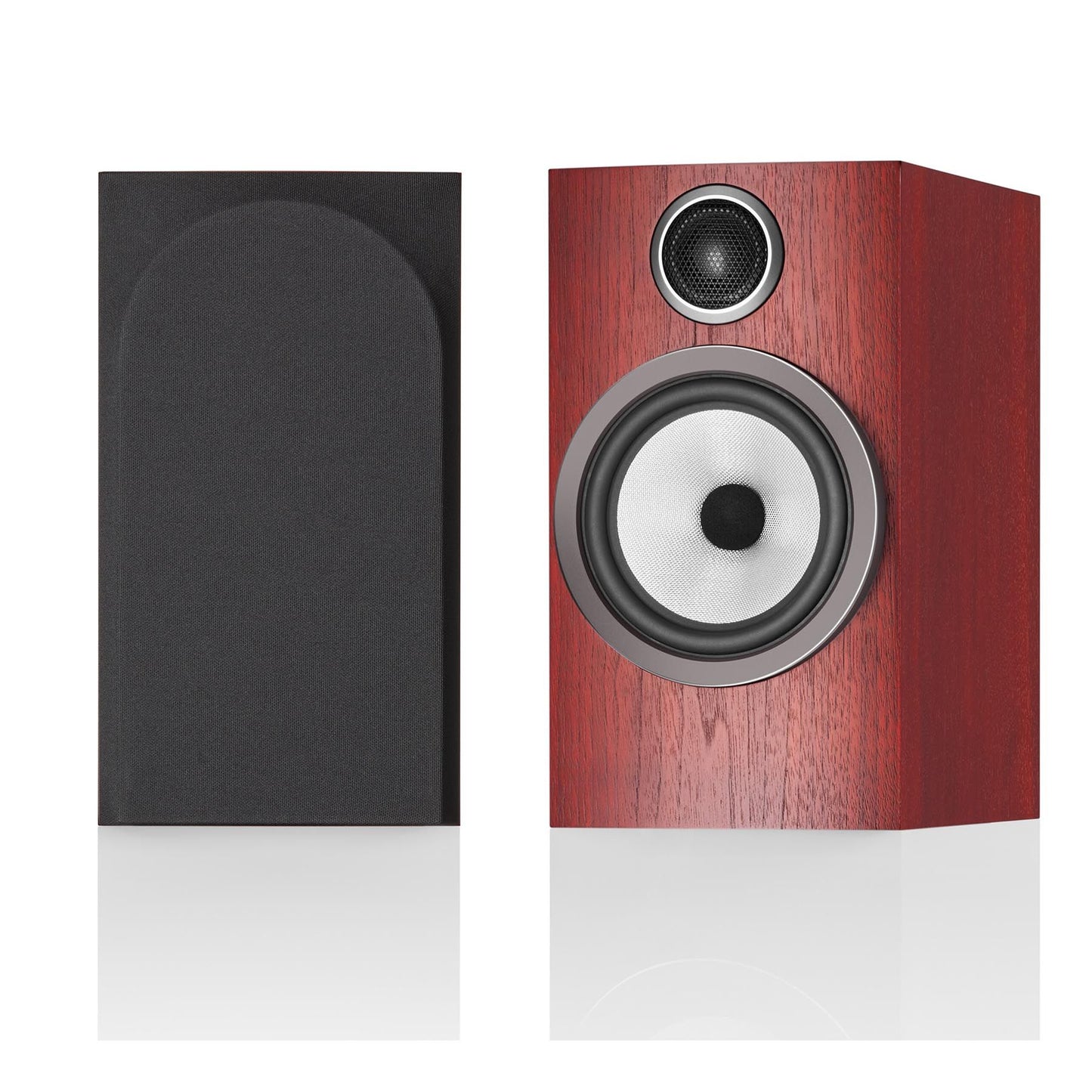 Pair of Bowers & Wilkins 706 S3 Bookshelf Speakers on white background in rosenut