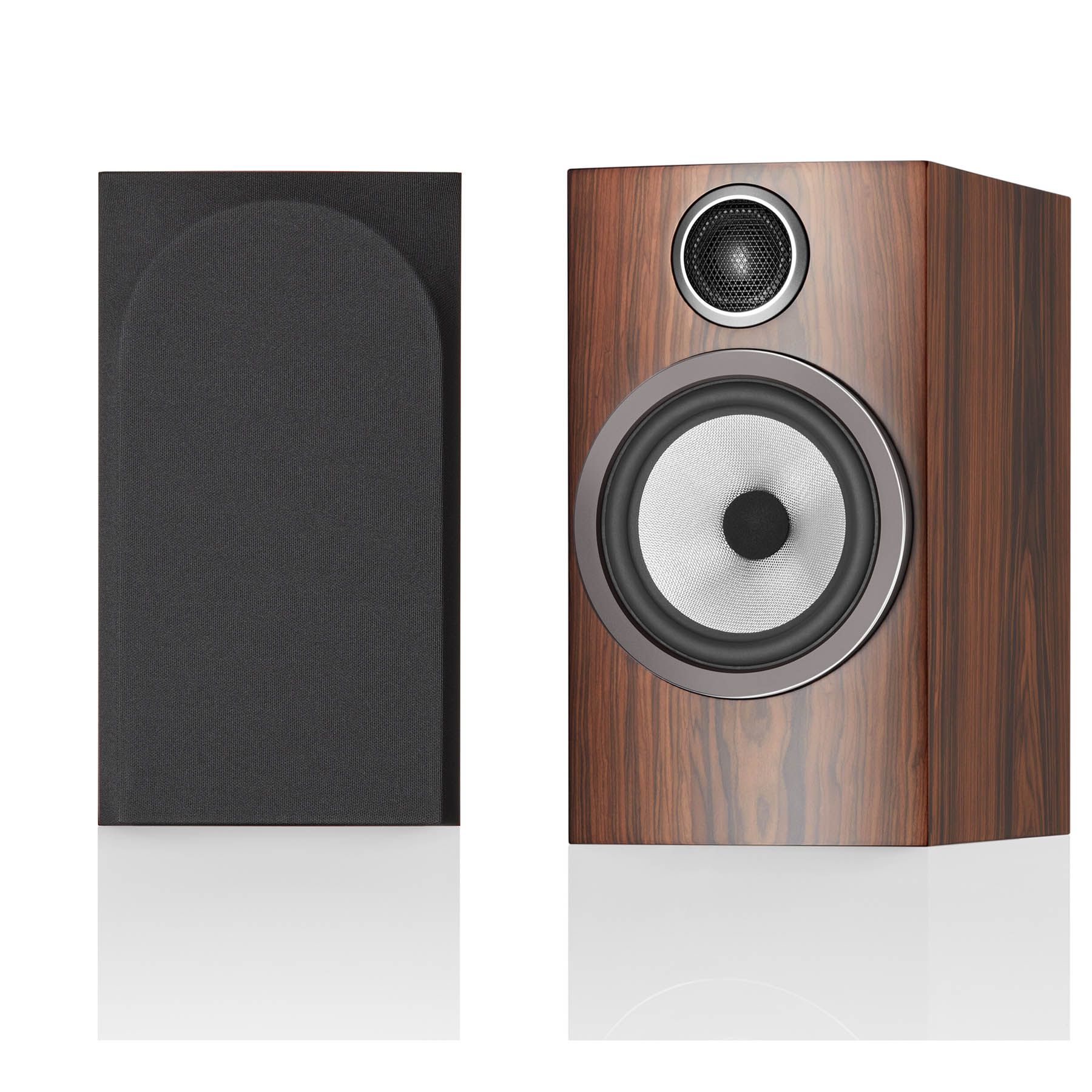 Pair of mocha Bowers & Wilkins 706 S3 Bookshelf Speakers on white background