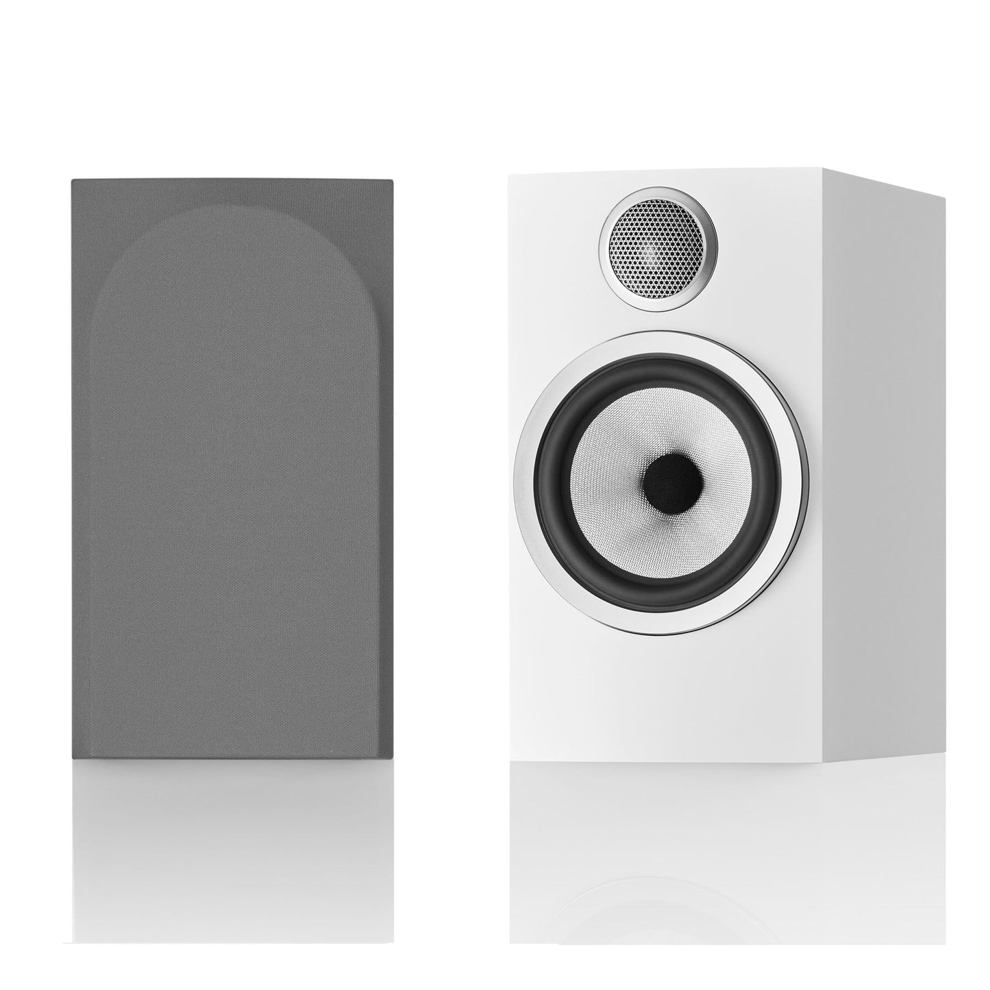 Pair of white Bowers & Wilkins 706 S3 Bookshelf Speakers on white background