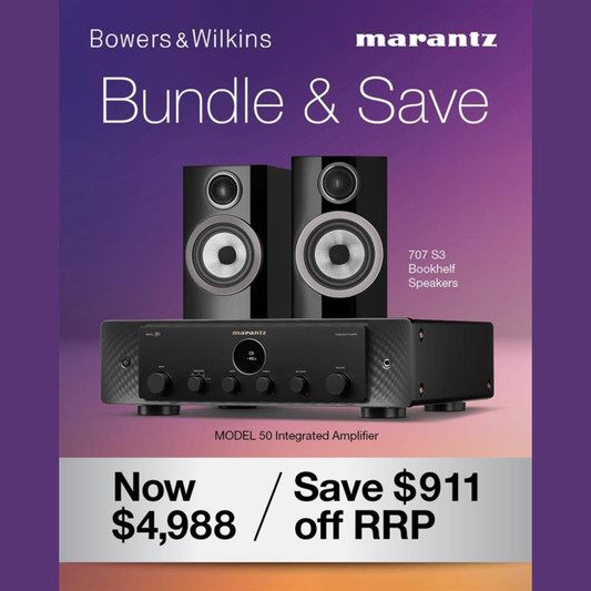 Bowers & Wilkins 707 S3 Marantz Model 50 Bundle on purple background with logos and promo prices