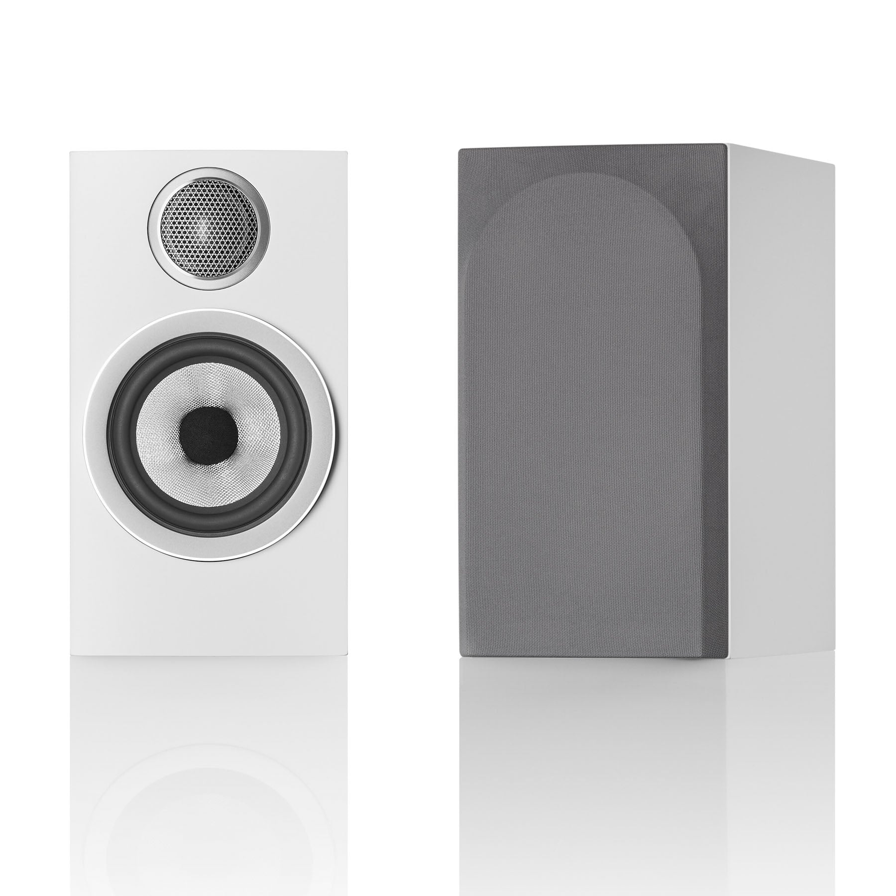 A pair of Bowers & Wilkins 707 S3 stand mount speakers, black in color, with one speaker showing the front view and the other showing the side view.