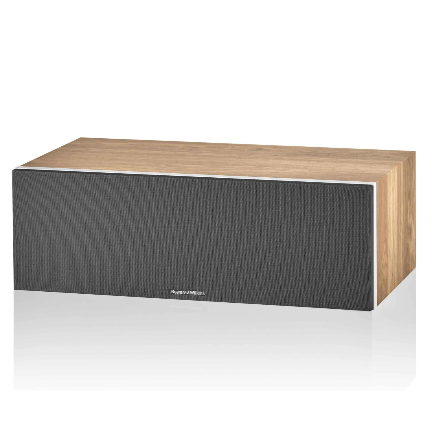 Front angle of Bowers & Wilkins HTM6 S3 Centre Speaker in oak with grille on