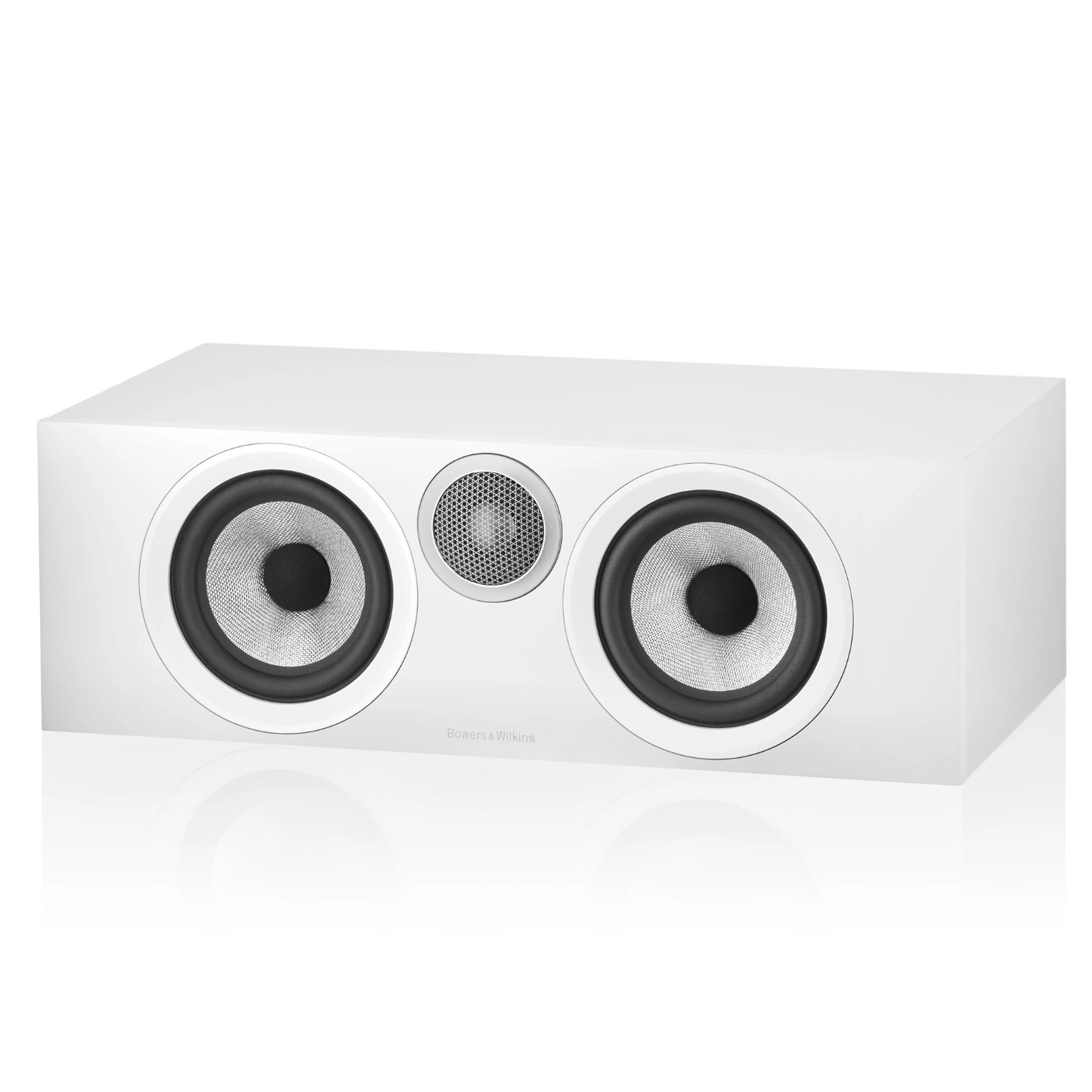 Front angle of white Bowers & Wilkins HTM6 S3 Centre Speaker with grille off