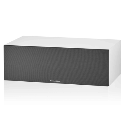 Front angle of white Bowers & Wilkins HTM6 S3 Centre Speaker with grille on