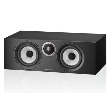 Front angle of black Bowers & Wilkins HTM6 S3 Centre Speaker with grille off
