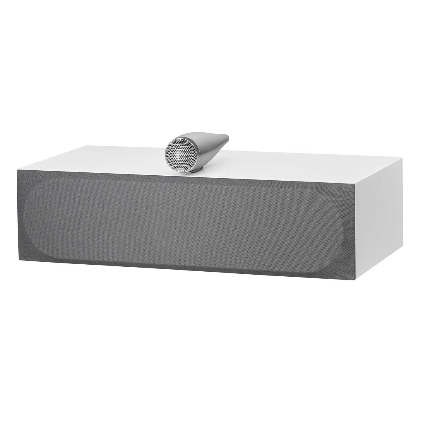 Front angle of white Bowers & Wilkins HTM71 S3 Centre Speaker with grille on