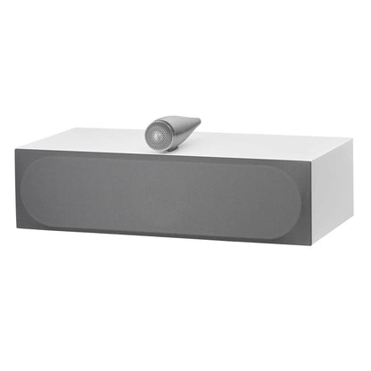 Front angle of white Bowers & Wilkins HTM71 S3 Centre Speaker with grille on