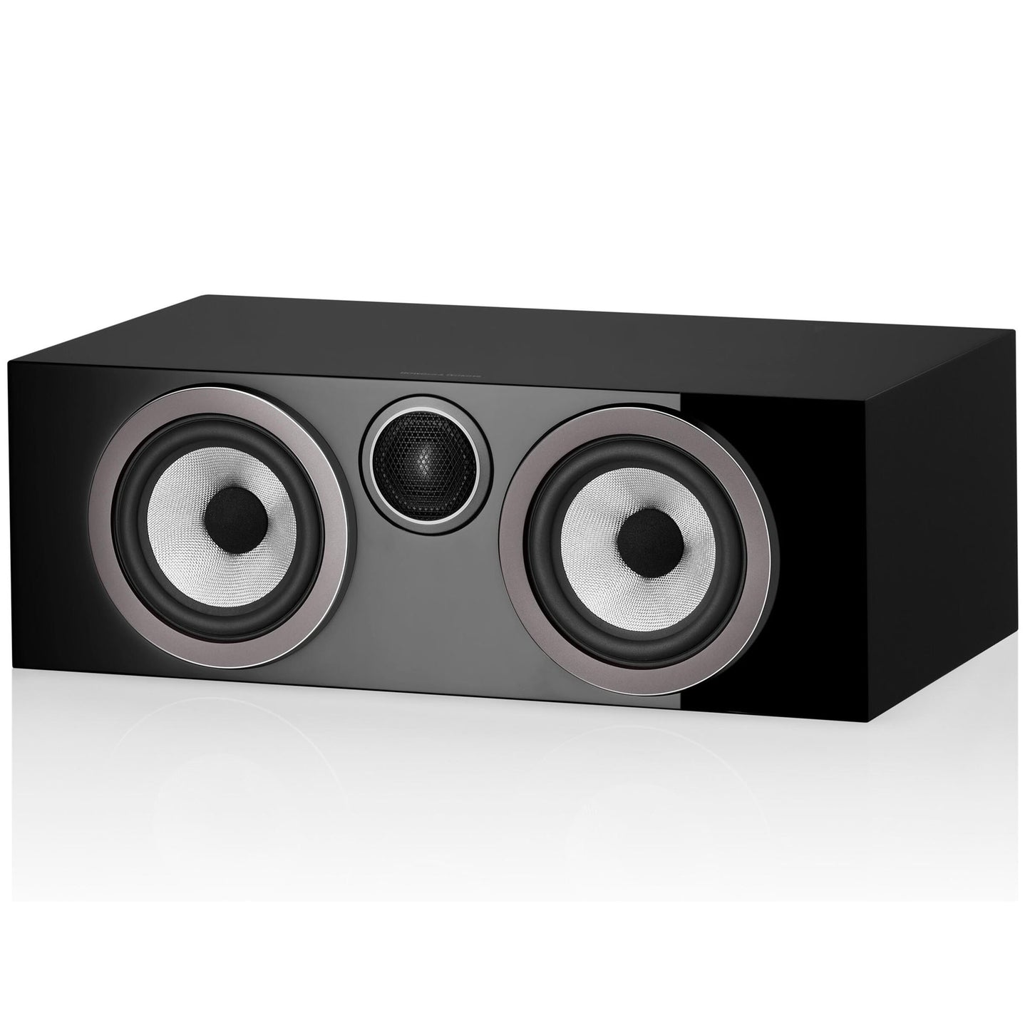 Black angle view of Bowers & Wilkins HTM72 S3 Centre Speaker with grille off