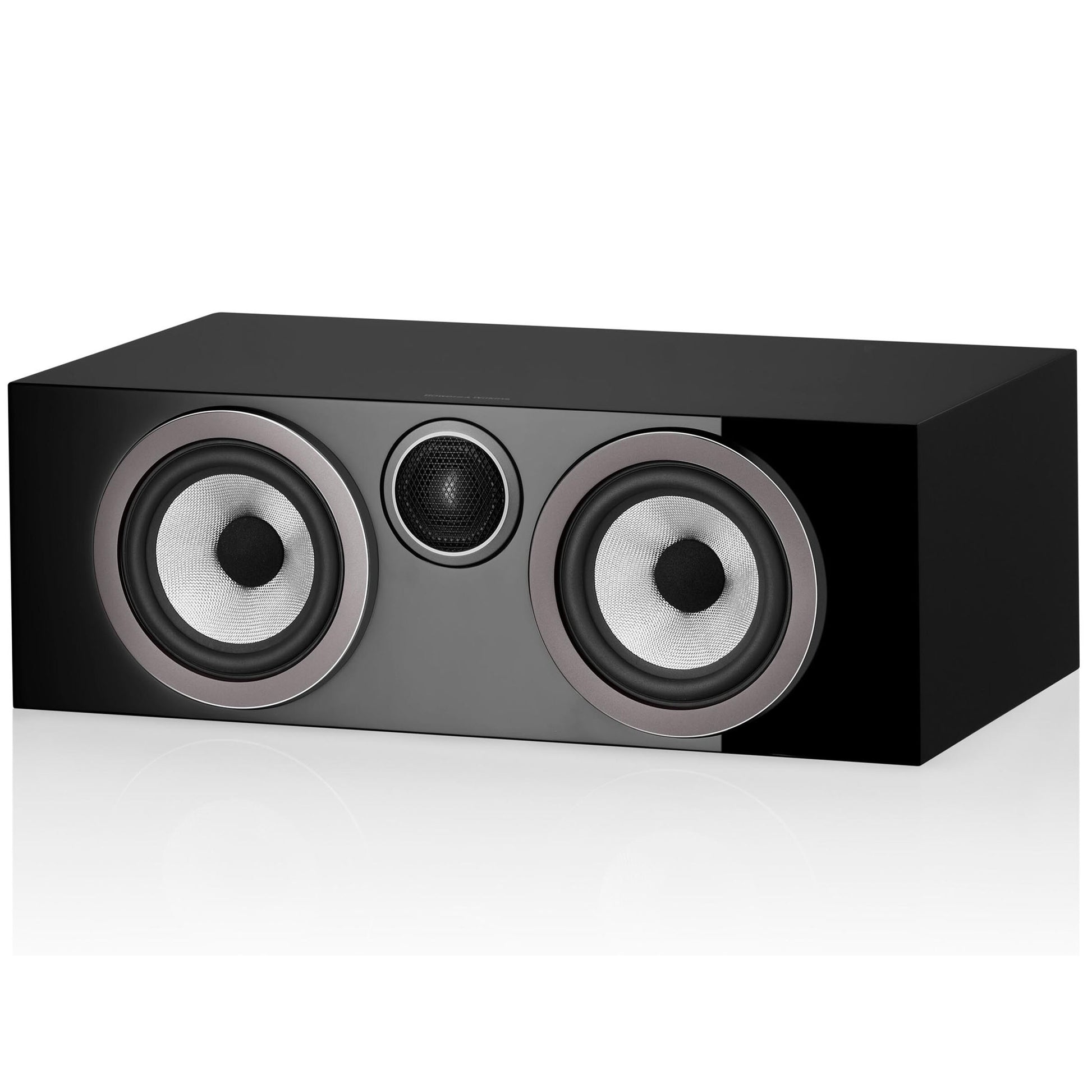 Black angle view of Bowers & Wilkins HTM72 S3 Centre Speaker with grille off
