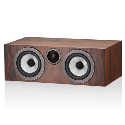 Front angle Bowers & Wilkins HTM72 S3 Centre Speaker in mocha with grille off