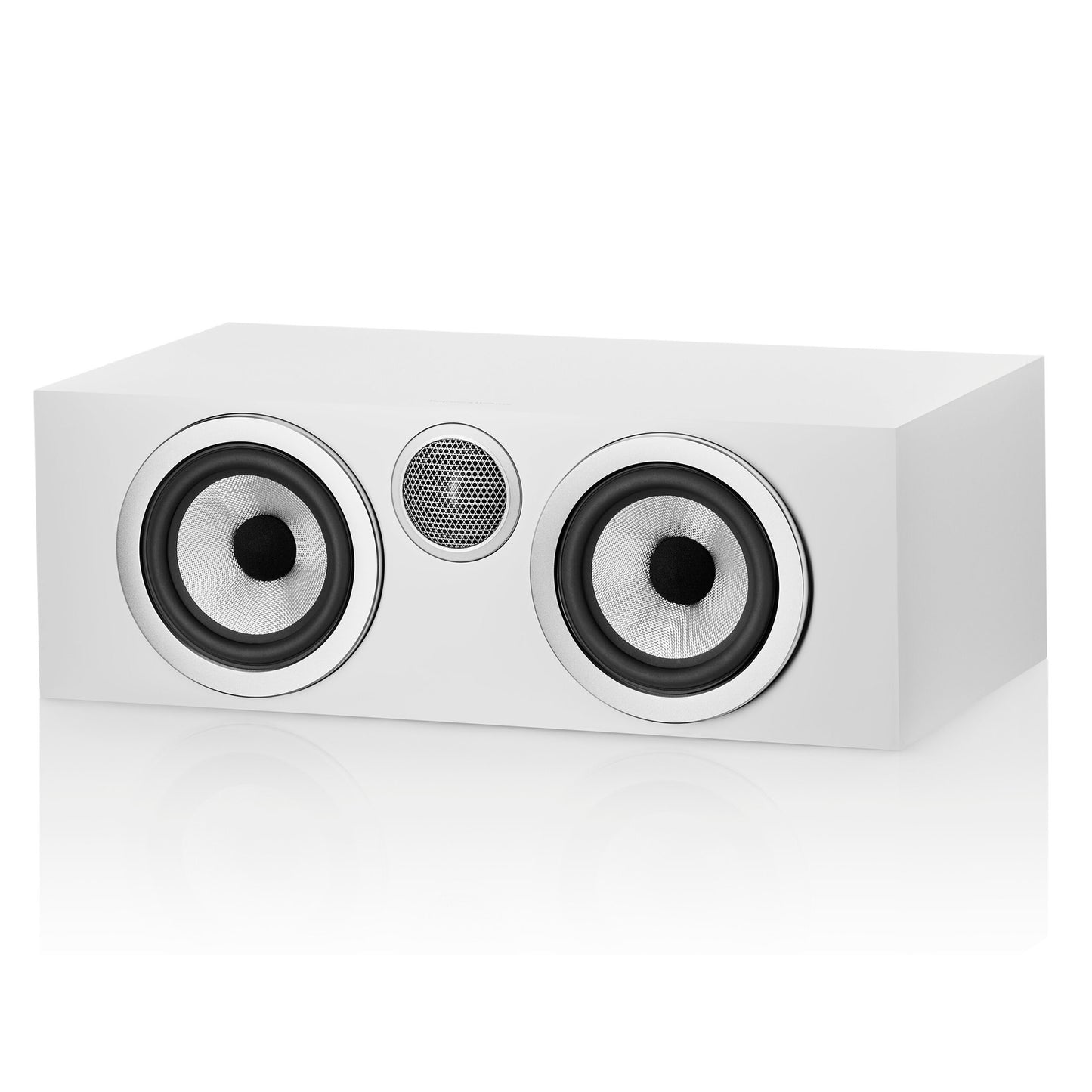 Front angle view of white Bowers & Wilkins HTM72 S3 Centre Speaker