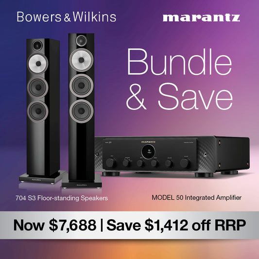 Marantz Bundle and save text and products on purple gradient