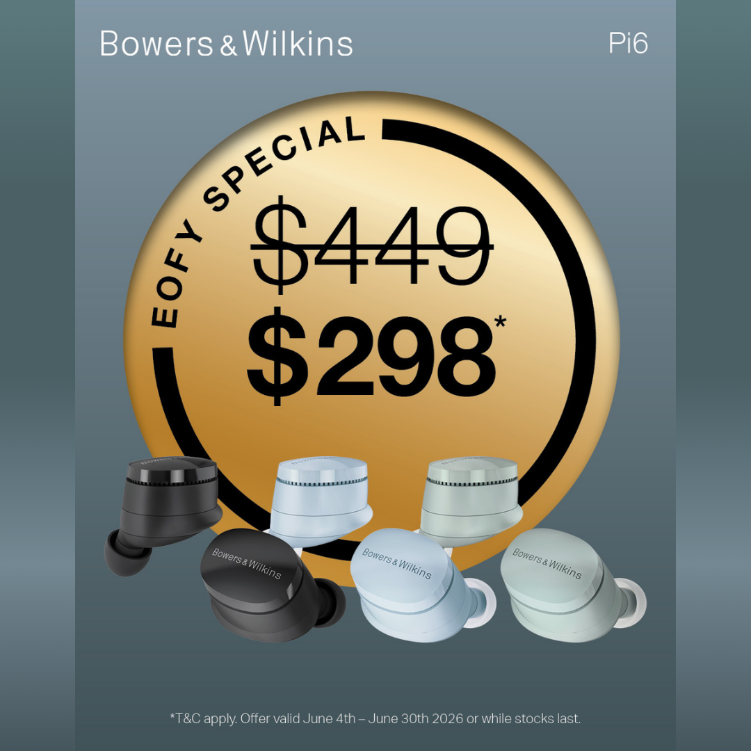 Bowers & Wilkins earbud packaging with special offer pricing on a gradient background