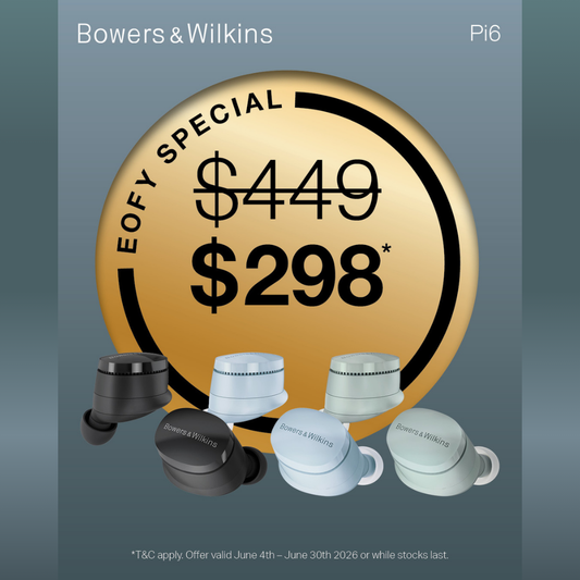 Bowers & Wilkins earbud packaging with special offer pricing on a gradient background