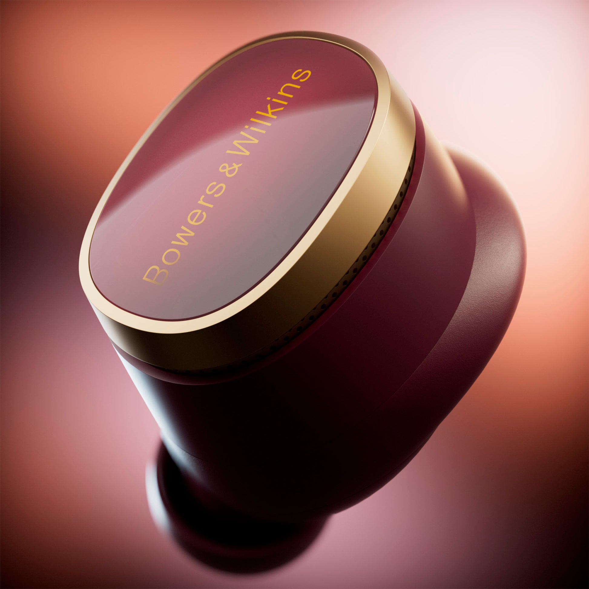 Close up of Bowers & Wilkins Pi8 Earbuds in Dark Burgundy