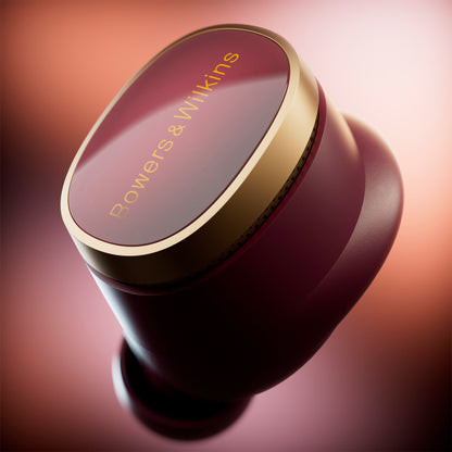 Close up of Bowers & Wilkins Pi8 Earbuds in Dark Burgundy