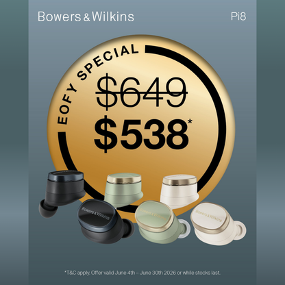 Bowers & Wilkins earbuds with a promotional price tag on a gray background