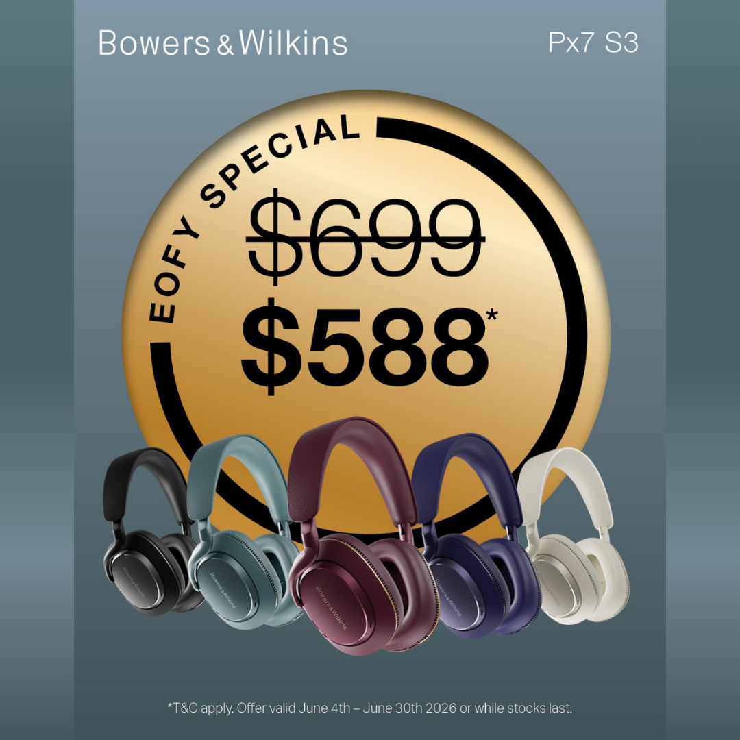 Bowers & Wilkins headphones with a special offer label on a gray background