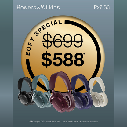 Bowers & Wilkins headphones with a special offer label on a gray background