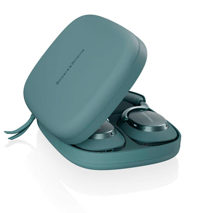 Teal carrying case with headphones inside on a white background