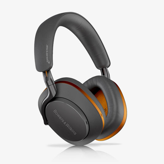 Angle view Bowers & Wilkins Px8 S2 McLaren Edition on grey background