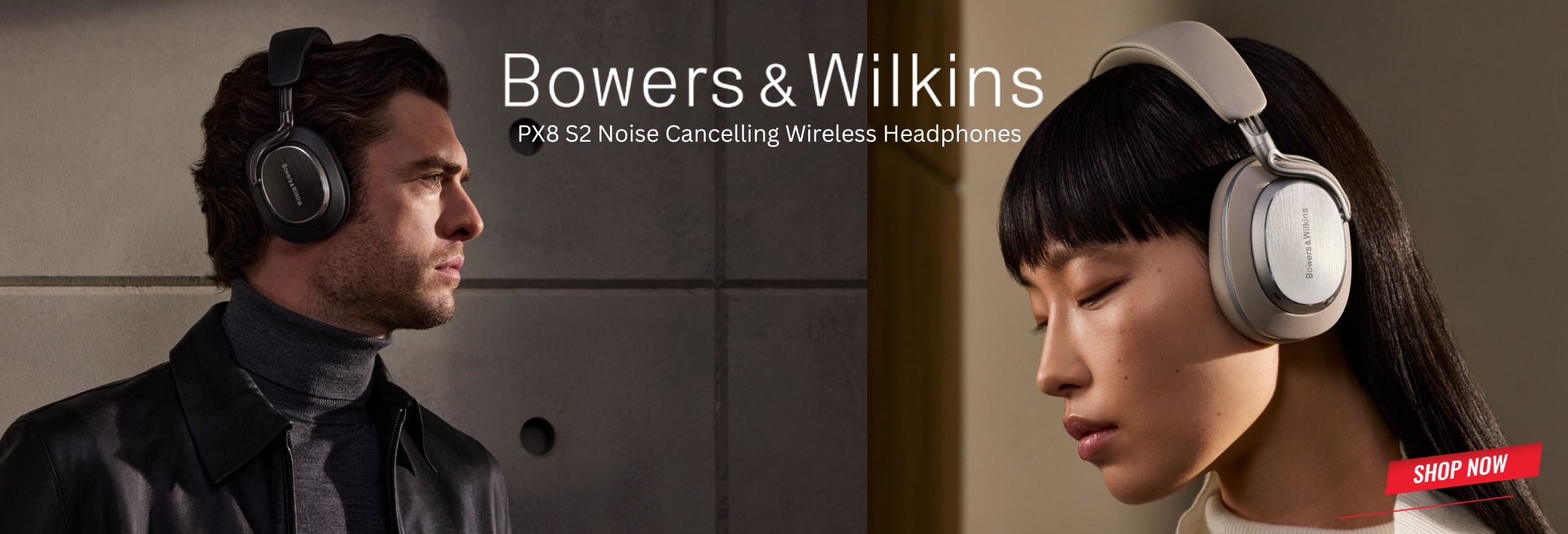 Bowers & Wilkins PX8 S2 noise-cancelling wireless headphones on a man and woman with a gray background.