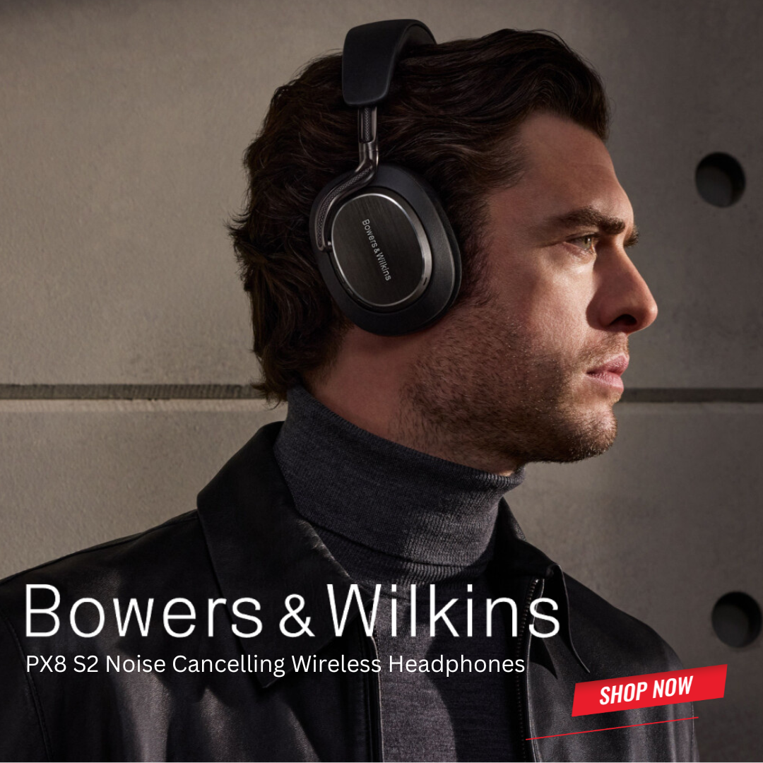 Man wearing Bowers & Wilkins headphones with promotional text on a gray background