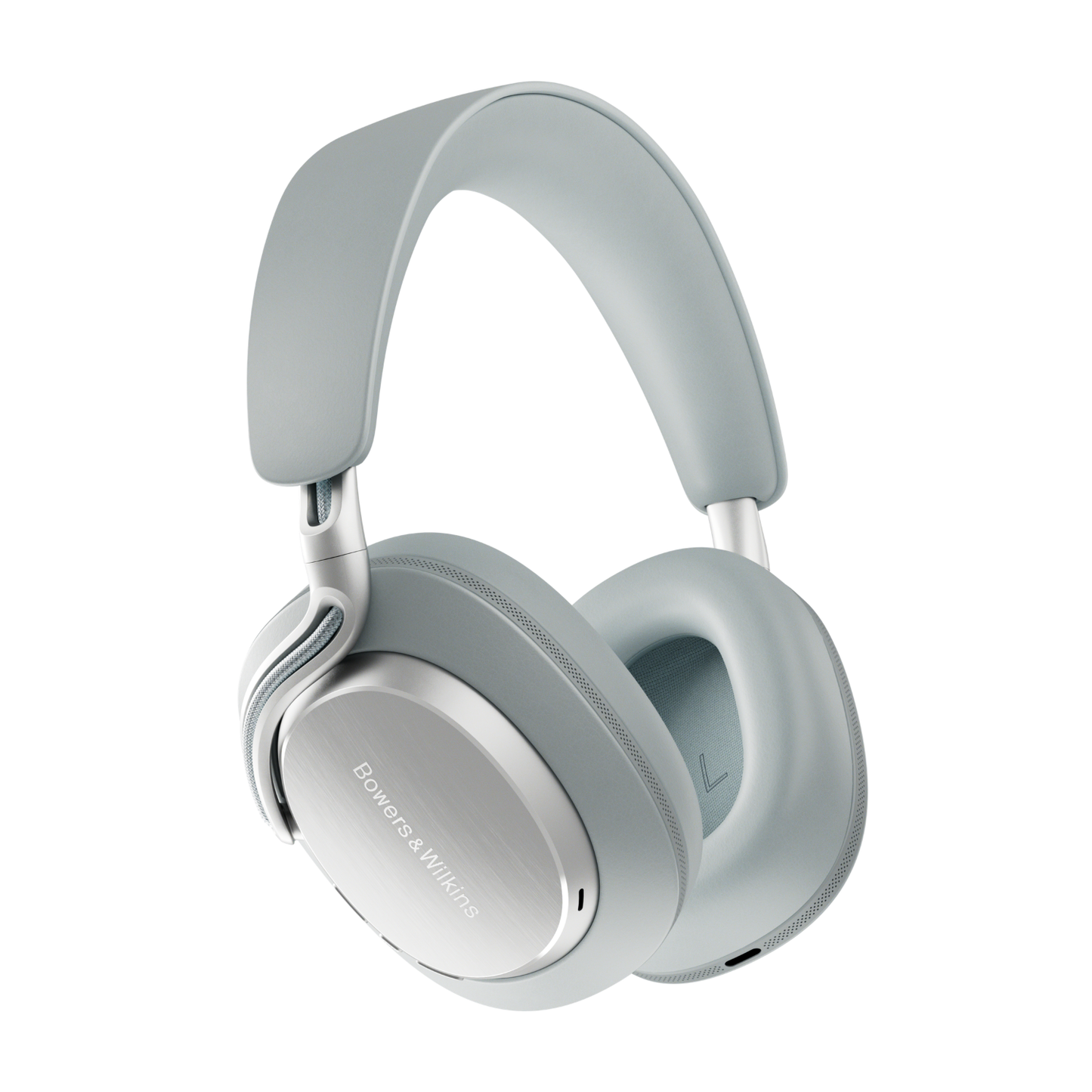 A pair of B&W wireless over-ear headphones in a pearl blue colour, shown from a three-quarters angle on a solid white background.
