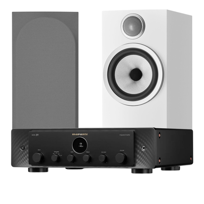 Bowers & Wilkins 706 speakers in white and a black Marantz Model 50 on white background
