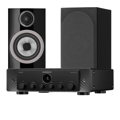 Audio system with two speakers and a receiver on a white background