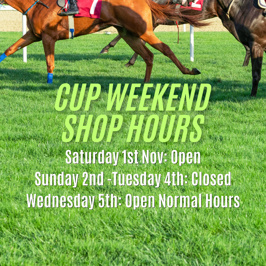 Horses racing with text Cup Weekend Hours